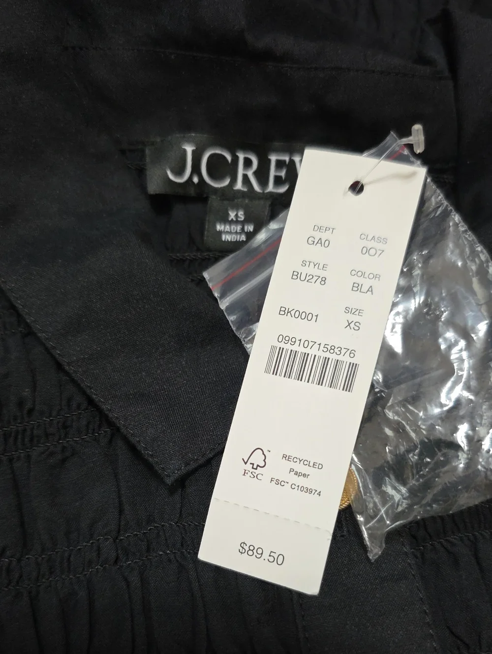 J. Crew Smocked Button-up Shirt in Black Size XS NWT